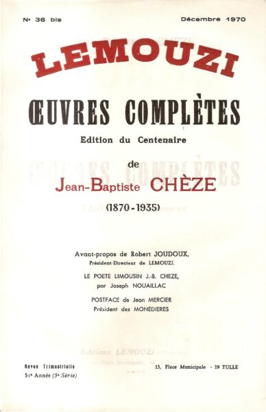 Œuvres complètes : Édition du Centenaire de Jean-Baptiste Chèze (1870-1935)